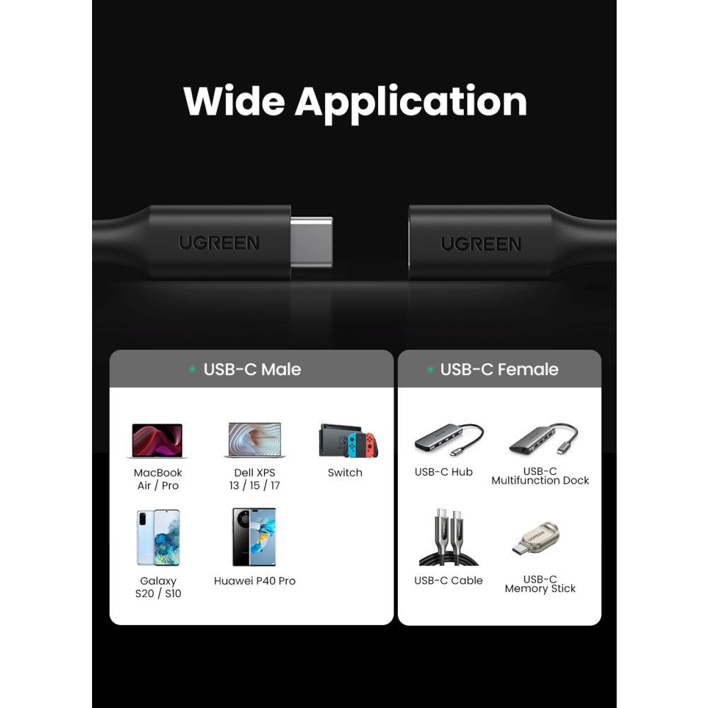 UGREEN 6957303813872 10387 USB-C PD100W / Thunderbolt3 Male to Female Extension Cable 1m (Black) - Image 2