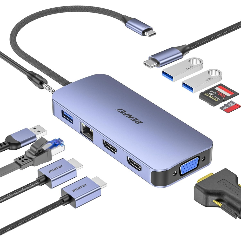 BENFEI 6971785944220 000359GY 11-in-1 USB C Hub Triple Display Docking Station Dual HDMI, VGA, 3*USB 3.0, 10Gbps - Image 1