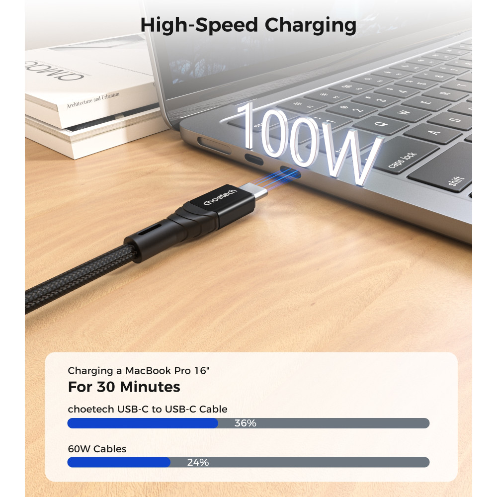 Choetech 6971824975222 XCC-1007 USB 3.1 Gen2 100W 10Gbps 4K USB-C Cable 2M Braided Black - Image 4