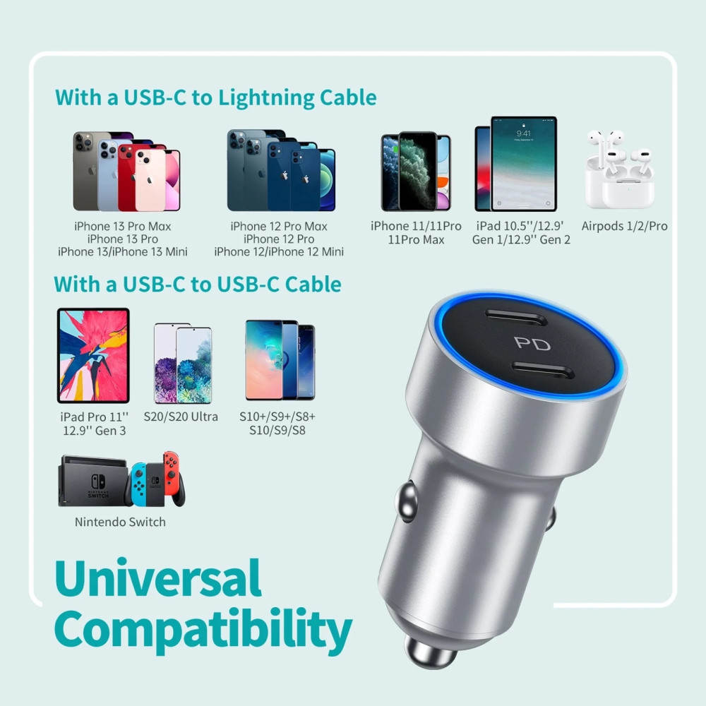 Choetech 6971824979718 C0054-SL Dual Port PD 40W USB-C Car Charger Adapter Silver - Image 4