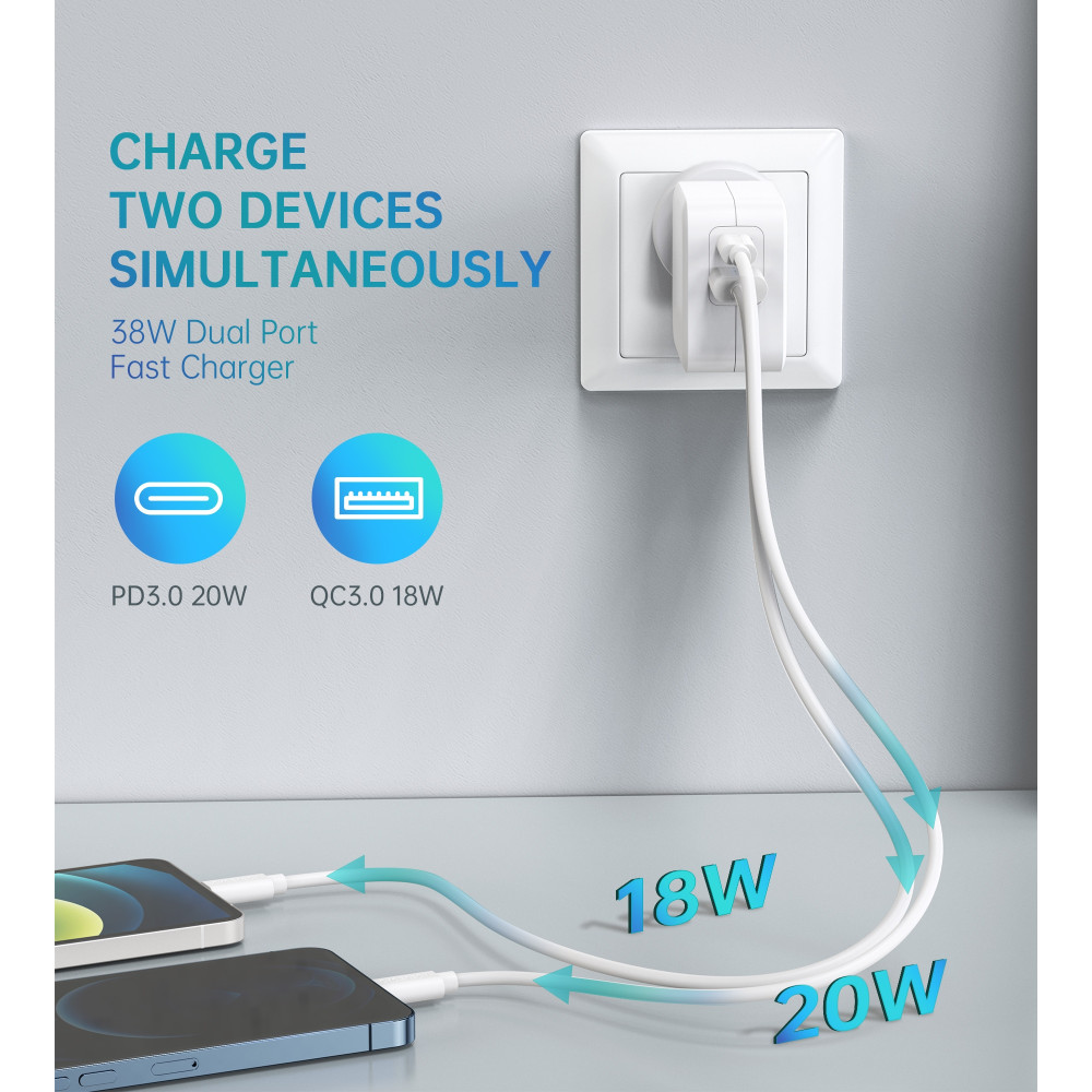 Choetech 6971824978797 PD5002 38W Fast Charging Dual Ports AC Adapter - USB QC3.0 18W + PD 20W White - Image 3