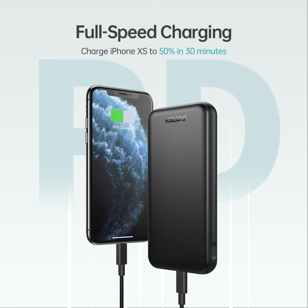 Choetech 6932112101174 B627 10000mAh PD 20W + QC Power Bank | 0.5M USB-C to USB-C Cable | Black - Image 3