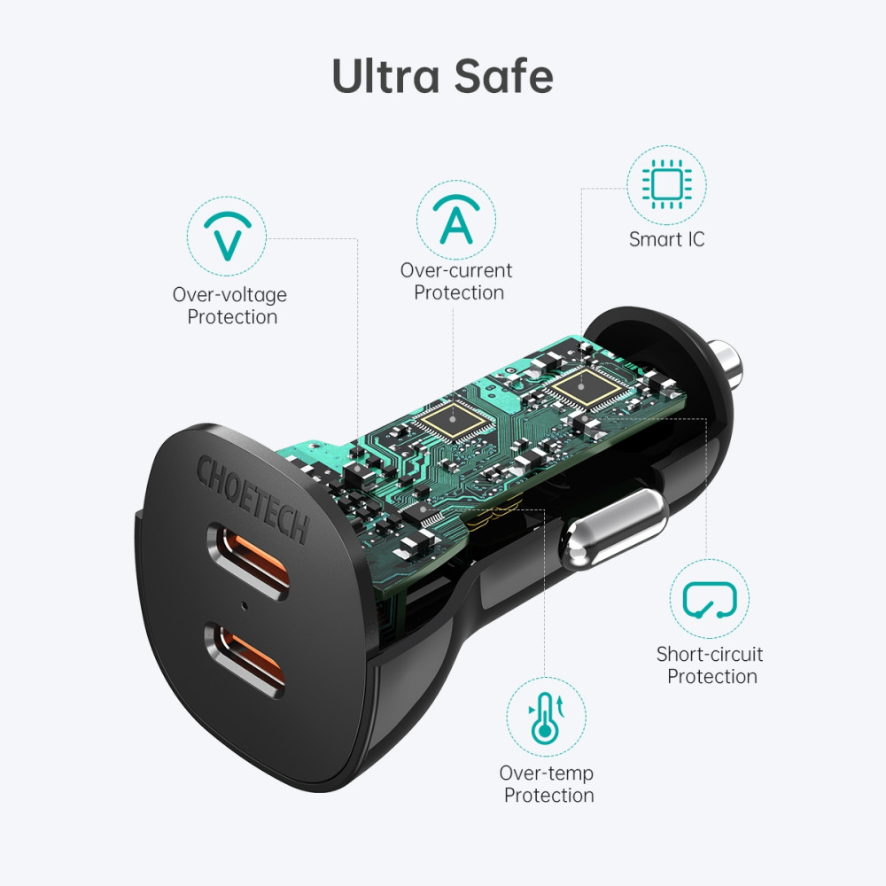 Choetech 6971824977134 TC0008-BK 36W Dual USB-C Car Fast Charger PD 3.0 QC 3.0 Black - Image 4