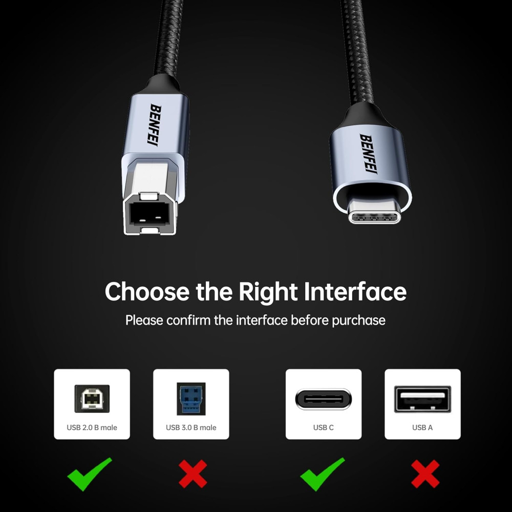 BENFEI 6971785944299 000405GY-3M USB B to USB C Printer Cable, Nylon Braided, Premium Aluminium Alloy Case 3M - Image 6