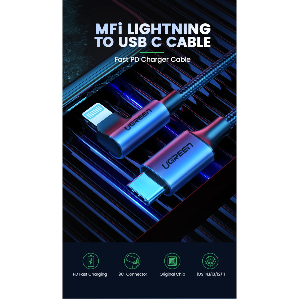 UGREEN 6957303867639 60763 USB-C to Lightning 90 Degree Cable 1M - Image 3