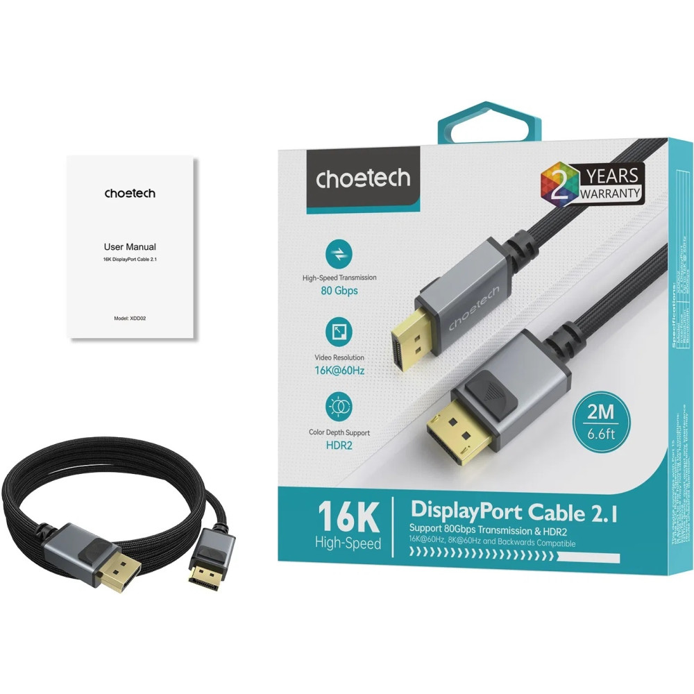 Choetech 6932112107169 XDD02-2M 16K 60Hz DP 2.1 Cable 80Gbps 2M Braided for Gaming Monitor - Image 3