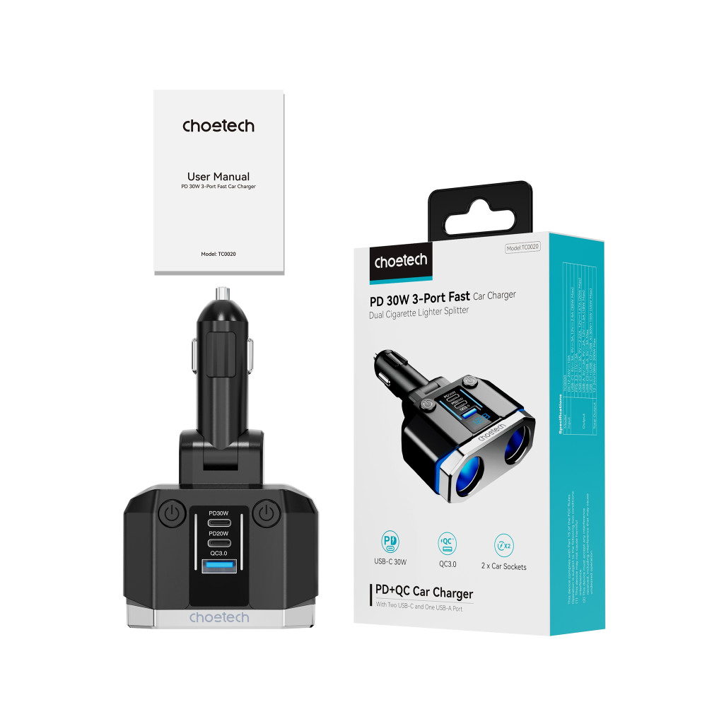 Choetech 6932112105905 TC0020 45W 2 Sockets + 2x USB-C + 1x USB-A Cigarette Lighter Splitter - Image 11