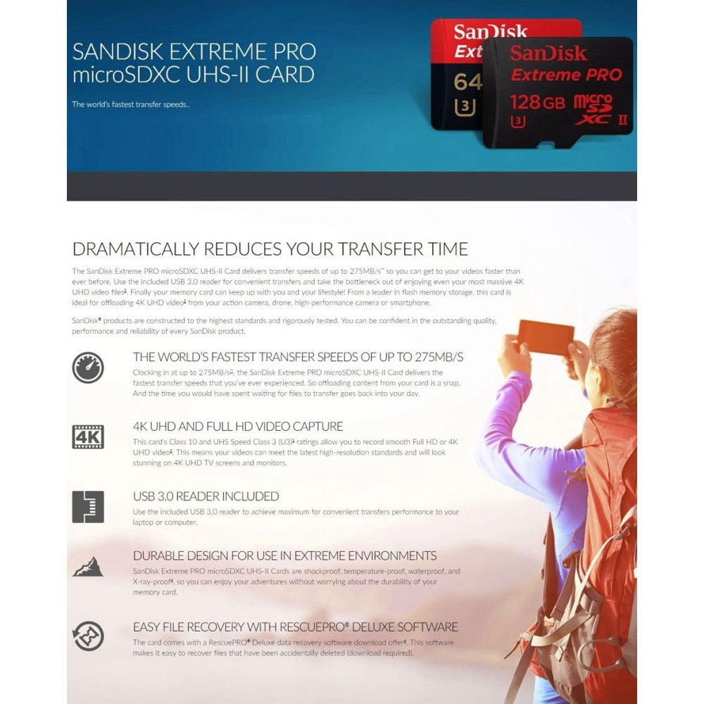 Sandisk SDSQXPJ-128G Extreme Pro micro SDXC UHS-II 128GB Class 10 up to 275mb/s,with microSD to USB 3.0 adaptor - Image 4