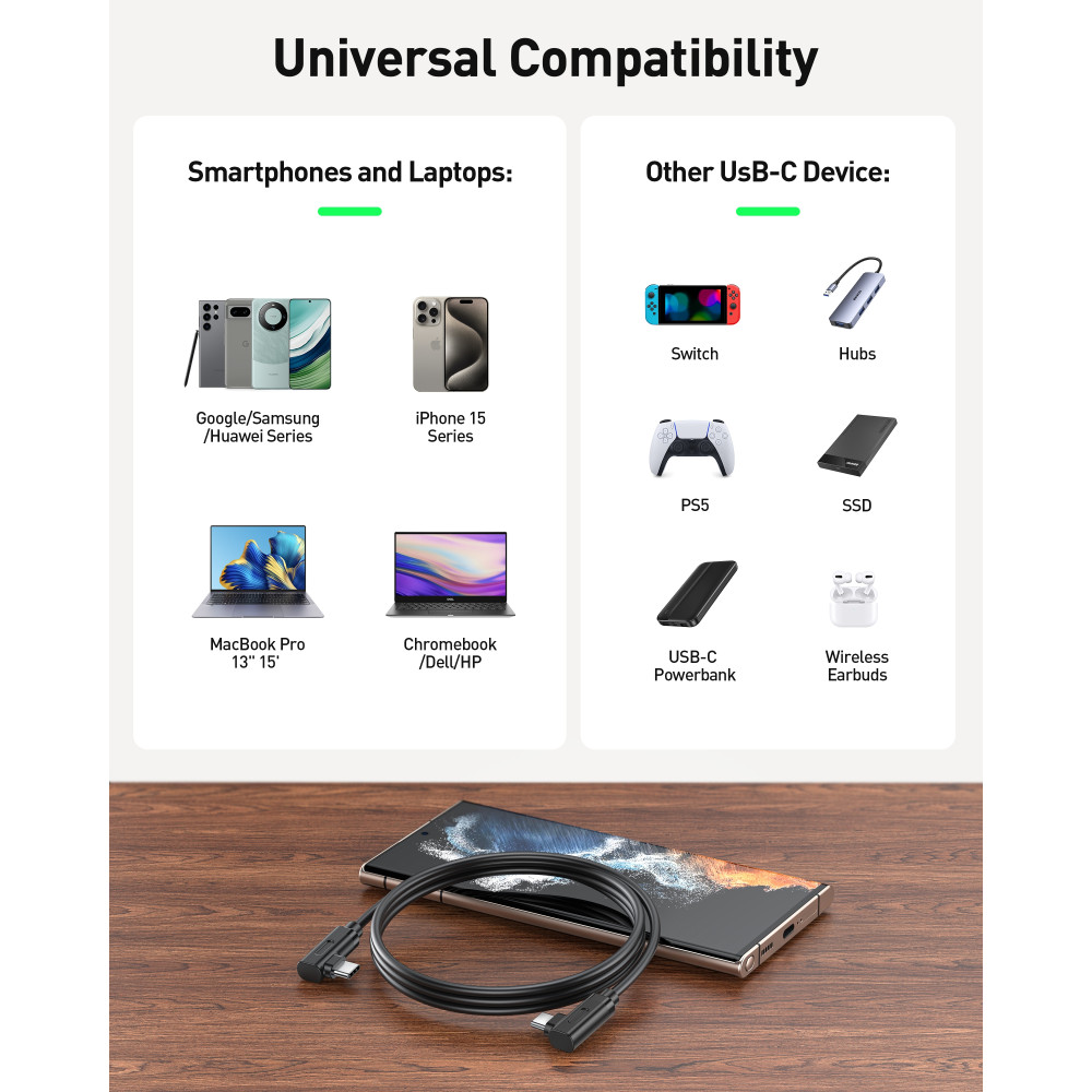 BENFEI 6971785944541 000429BK-3M Right Angled USB-C to Right angled USB-C 3A Fast Charging Cable Data Sync Nylon Braided 3M Black - Image 6