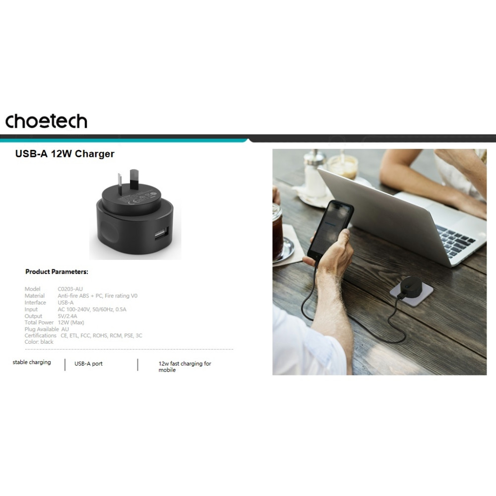 Choetech 6971824970432 C0203 USB-A AC Adapter (AU standard) 12W Black - Image 3