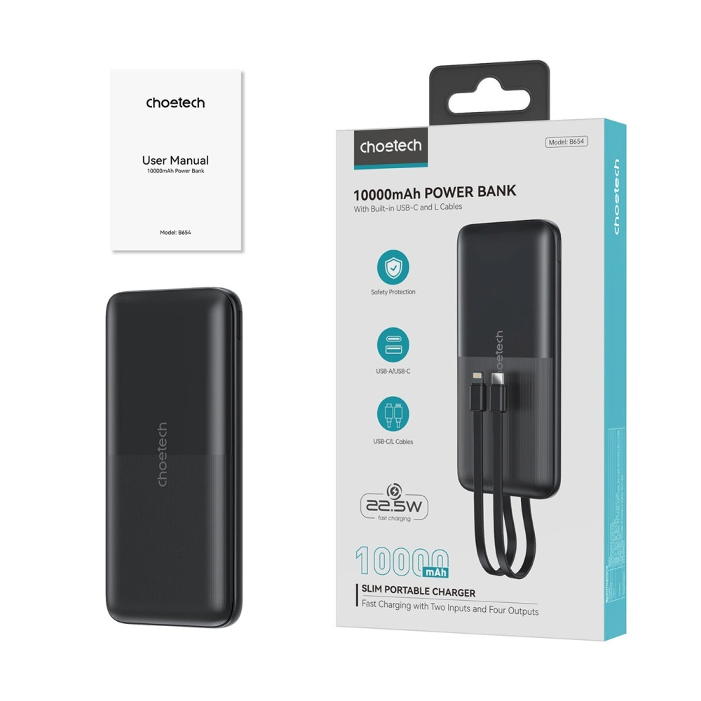 Choetech 6932112106087 B654 10000mAh Pwer Bank 22.5W USB-A / USB-C / micro USB with built-in USB-C / Lightning cable - black - Image 7