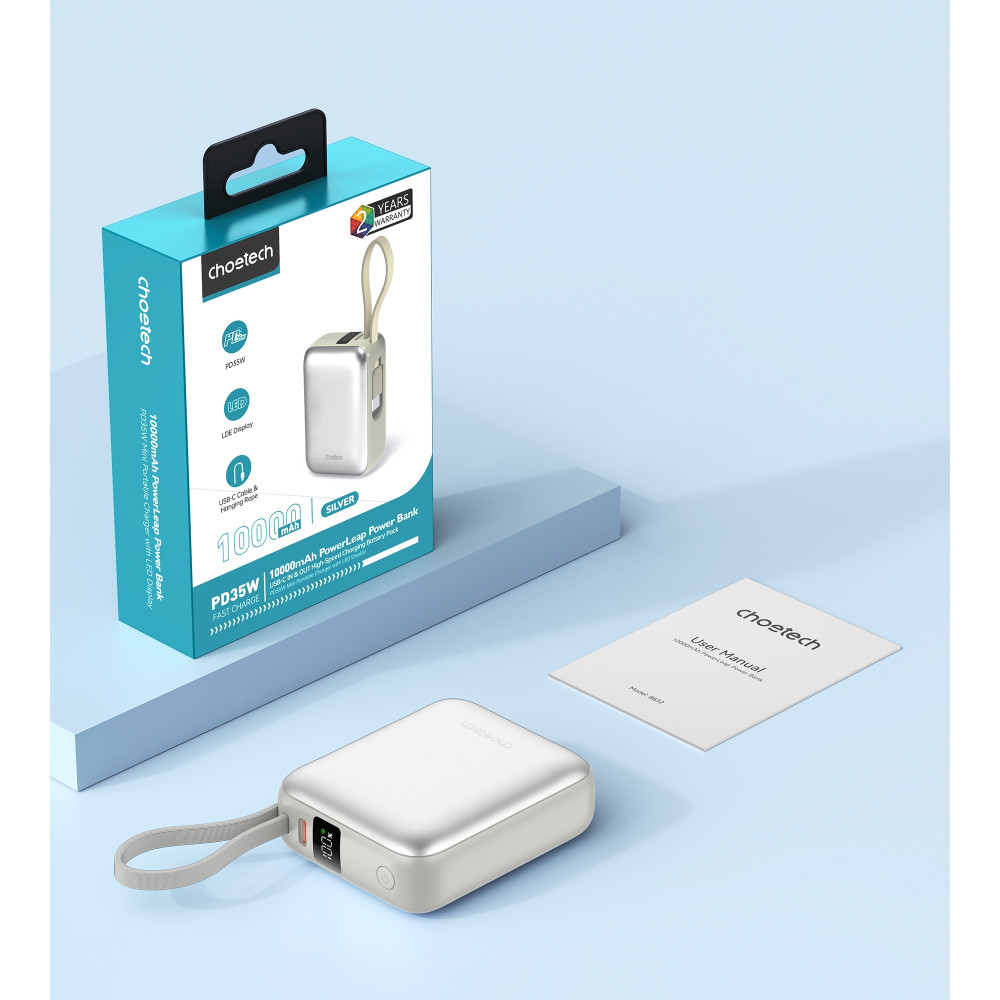 Choetech 6932112110336 B832-SL Mini 35W 10,000mAh Power Bank with LED Display + USB-C Cable Silver - Image 7