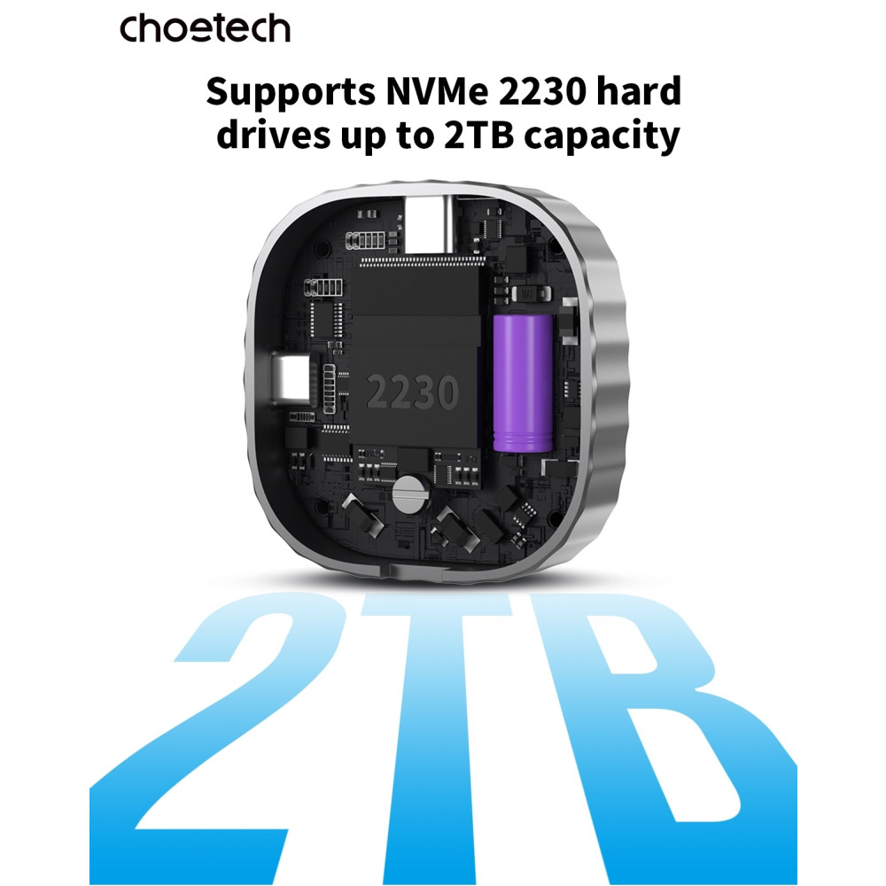 Choetech 6932112109101 MSE001 M.2 NVMe 2230 SSD Enclosure USB-C 10Gbps PD100W (Support 2TB Max) - Image 7