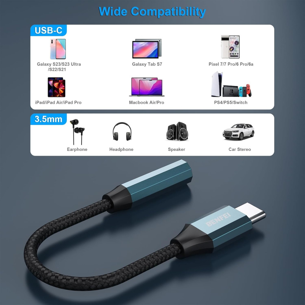BENFEI B0CDTYZTKW 000349BL USB C to Aux Audio Dongle Cable Cord Compatible with Samsung / Mac-book /I-pad (Not for I-phonr 15/16)