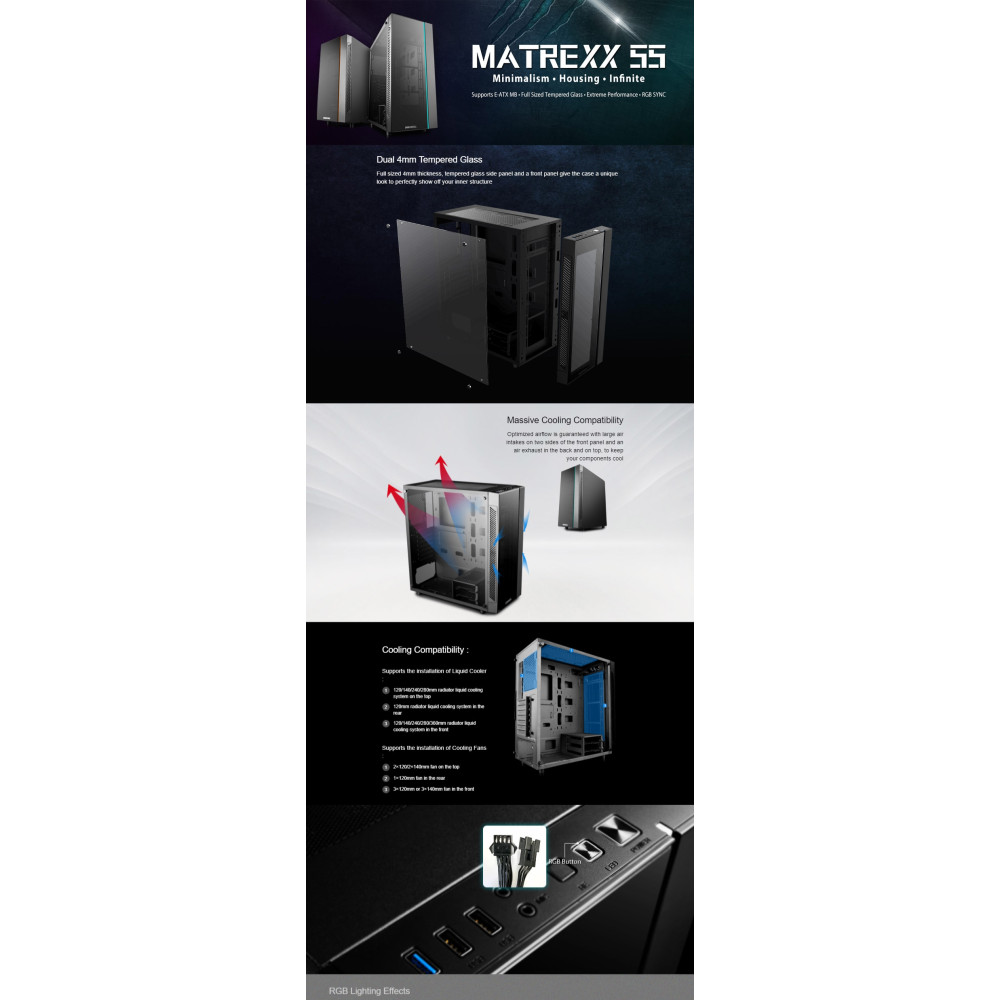 DEEPCOOL DP-ATX-MATREXX55 Matrexx 55 Tempered Glass Mid-Tower E-ATX Case