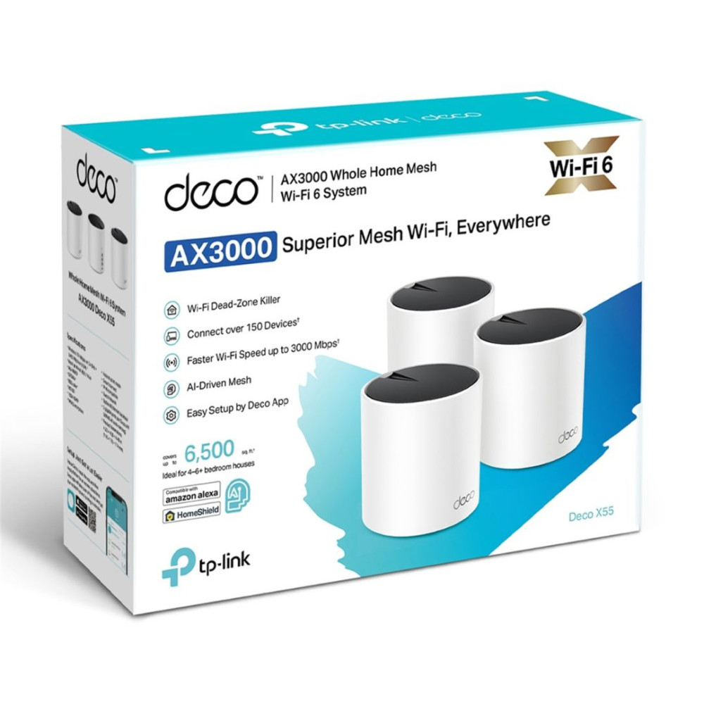 TP-LINK DECO X55(3-PACK) AX3000 Whole Home Mesh WiFi 6 Router, Dual-Band with Smart Antennas, MU-MIMO, HomeShield Security - Image 1