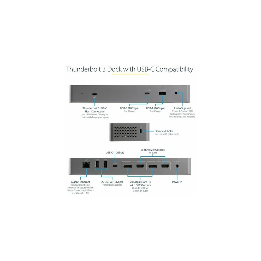 StarTech TB3CDK2DH T/BOLT3 DOCK, DUAL 4KDISPLAY, HDMI(2), DP(2), USB-C, USB(5), RJ45, 96W, 3YRS