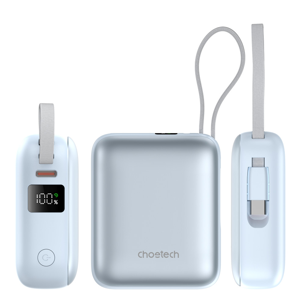 Choetech 6932112110343 B832-BL Mini 35W 10,000mAh Power Bank with LED Display + USB-C Cable Light Blue - Image 3