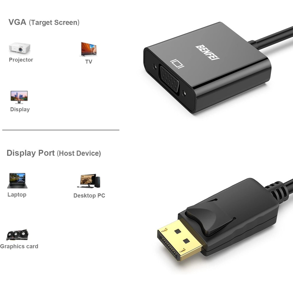 BENFEI B017Q80CSY 000099 DisplayPort to VGA Adapter 1080P Gold-Plated DP Male to VGA Female - Image 2