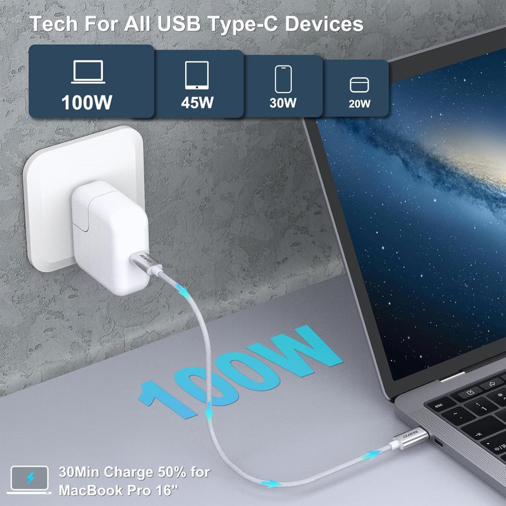 BENFEI B0CSFYW467 000351SL-1M 100W USB-C to USB-C Fast Charging Cable Aluminum Shell Tangle-Free Silicone for I-phone 15 /16 /Samsung 1M - Image 3