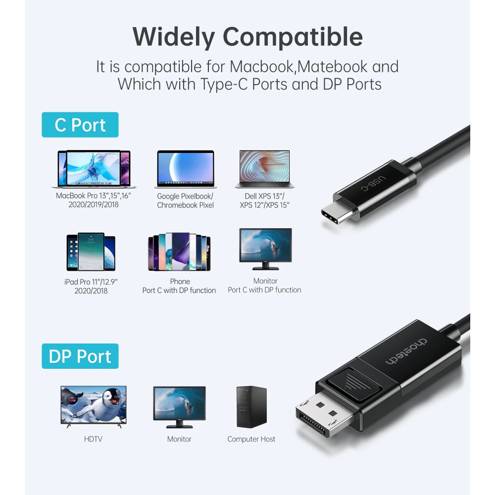 Choetech 6971824978155 XCP-1803 Bidirectional USB-C to DP Cable, 8K Thunderbolt 3 Two-Way 1.8M Black - Image 2