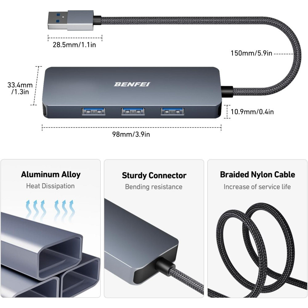 BENFEI 6971785941892 000305GY USB 3.0 Hub, 4 Ports USB A Splitter Ultra-Slim USB Expander for Mouse, Keyboard, Flash Drive, U Disk, Printer Compatible with Laptop. - Image 4