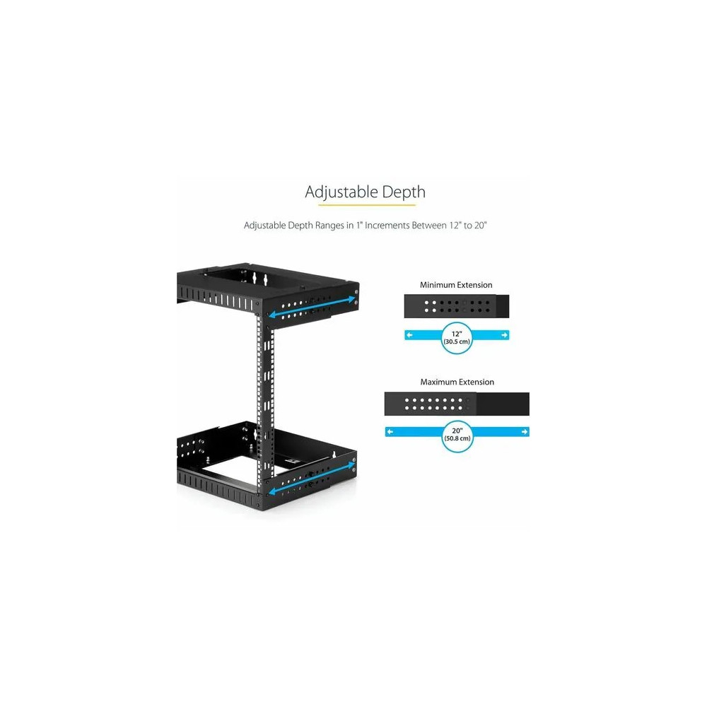 StarTech RK12WALLOA 2-Post 12U Heavy-Duty Wall Mount Network Rack, 19" Open Frame Server Rack with Adjustable Depth, Data Rack for IT Equipment~ - 2-Post 12U open frame network rack with adjustable depth (12-20in) - Durable heavy-duty 19" data s - Image 5