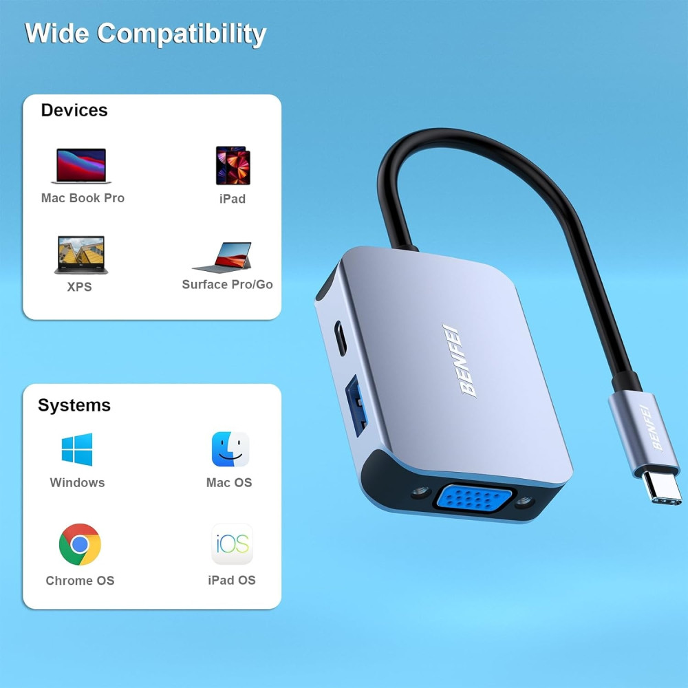 BENFEI B0CJPR27KX 000310GY USB-C 4in1 HUB - USB-C to HDMI / VGA / USB3.0 / USB-C PD Adapter Compatible with MacBook / Surface Book / Pixelbook - Image 2