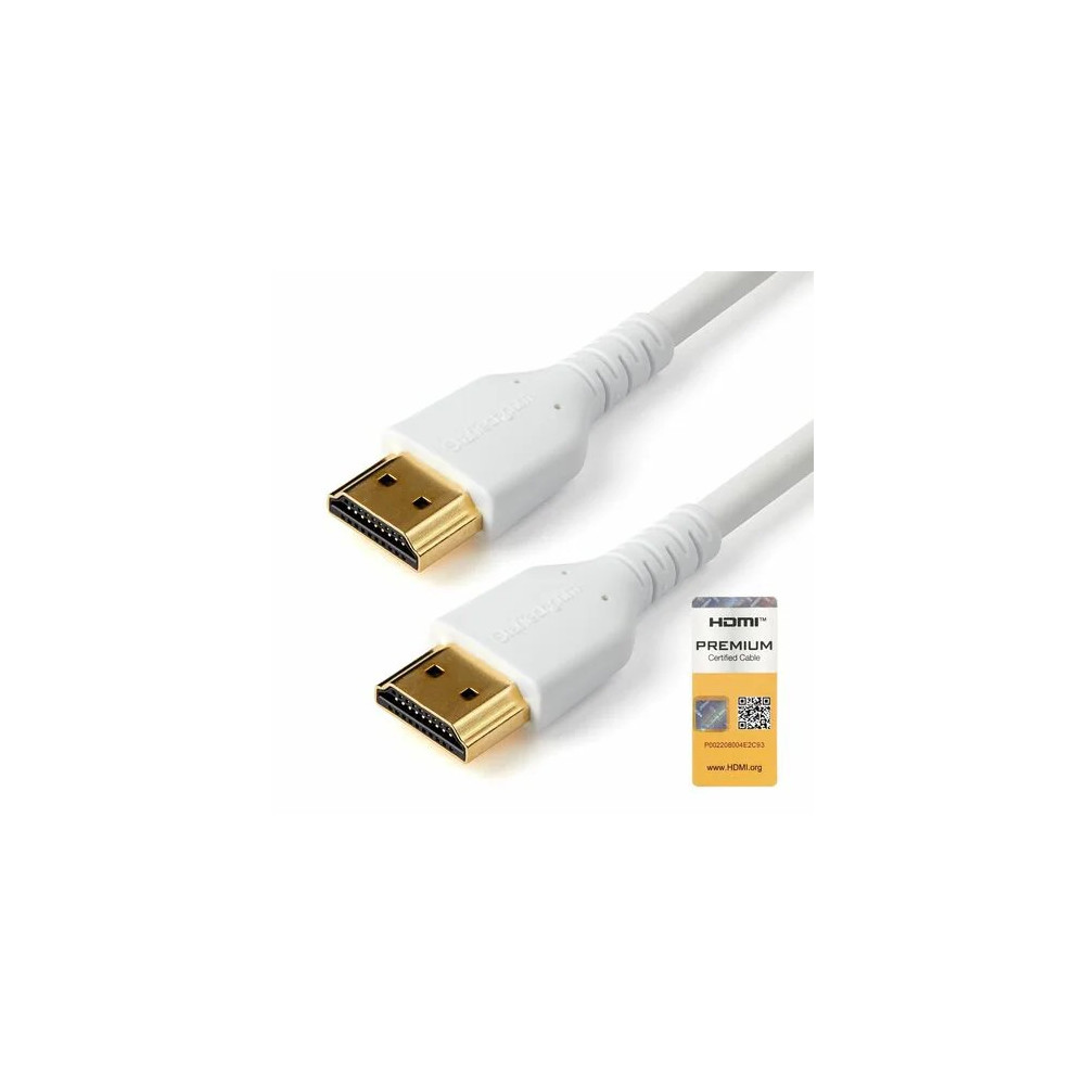 StarTech RHDMM2MPW 6.6ft (2m) Slim HDMI 2.0 Cable, Flexible Premium HDMI Cord with Ethernet, 4K 60Hz HDR10, Aramid Fiber with TPE Jacket, White - Slim HDMI 2.0 cable supports 4K visuals and immersive audio - 4K60Hz, 18Gbps, HDR10, 32-channel surround soun