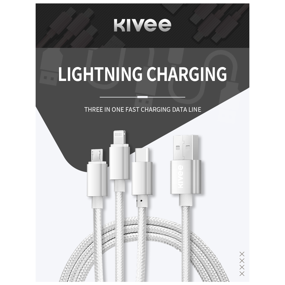 KIVEE 6971239570906 CH061 USB-A to Multi Charger Cable 3 in 1 Nylon Braided 1.2M Silver - Image 1