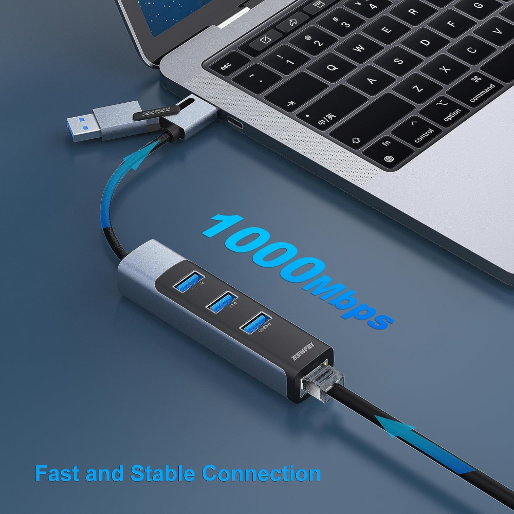 BENFEI B0CC4RDGXN 000350GY 2-in-1 USB-C+USB 3.0 to RJ45 Gigabit Ethernet Port + 3-Port USB 3.0 HUB - Image 3