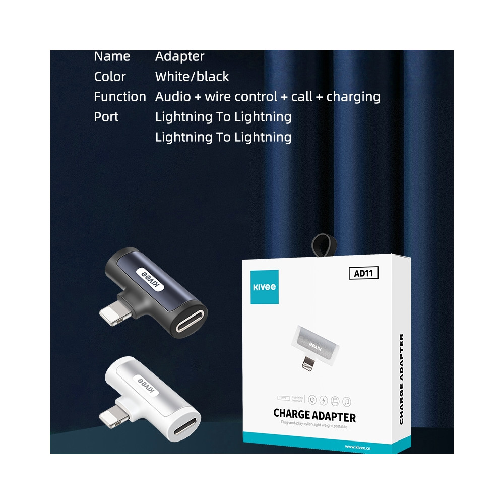 KIVEE 6941256113219 AD11 - 2 in 1 Lightning to Lightning Adapter Jack Phone Call Support - White - Image 2