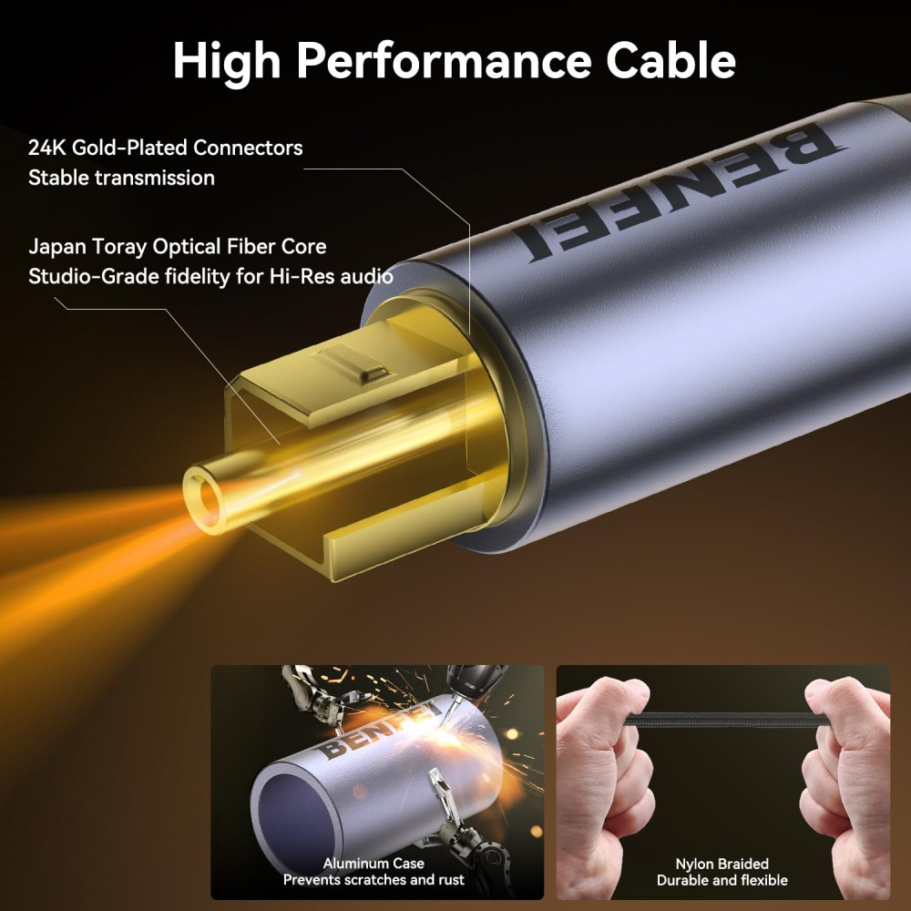 BENFEI 6971785944879 000411GY Toslink SPDIF Optical Coaxial Audio Nylon Braided cable for TV/Sound Bar/PS5/Xbox etc. 2M - Image 3