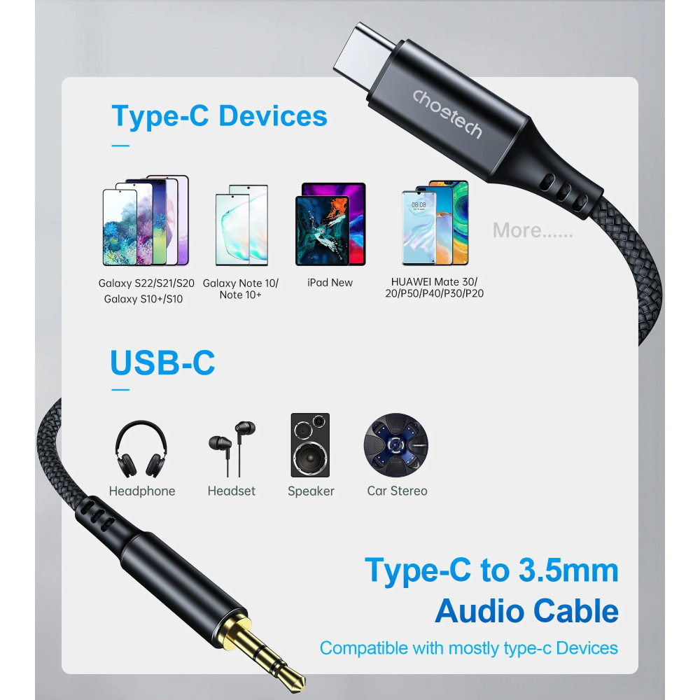 Choetech 6932112104151 AUX008 USB-C to 3.5mm Audio Braided Cable 2M - Image 2