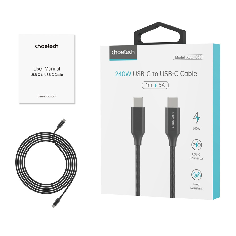 Choetech 6932112104335 XCC-1035 240W PD 3.1 USB-C Cable 48V 5A Braided for Phone & Macbook 1M Black - Image 3