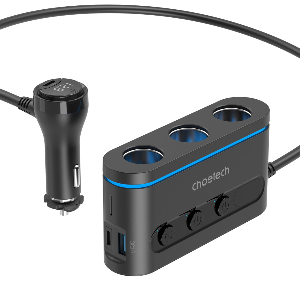 Choetech 6932112105912 TC0021 78W 3-in-1 Car Charger 3 Sockets 2x USB-C 30W PD 1x USB-A - Image 3
