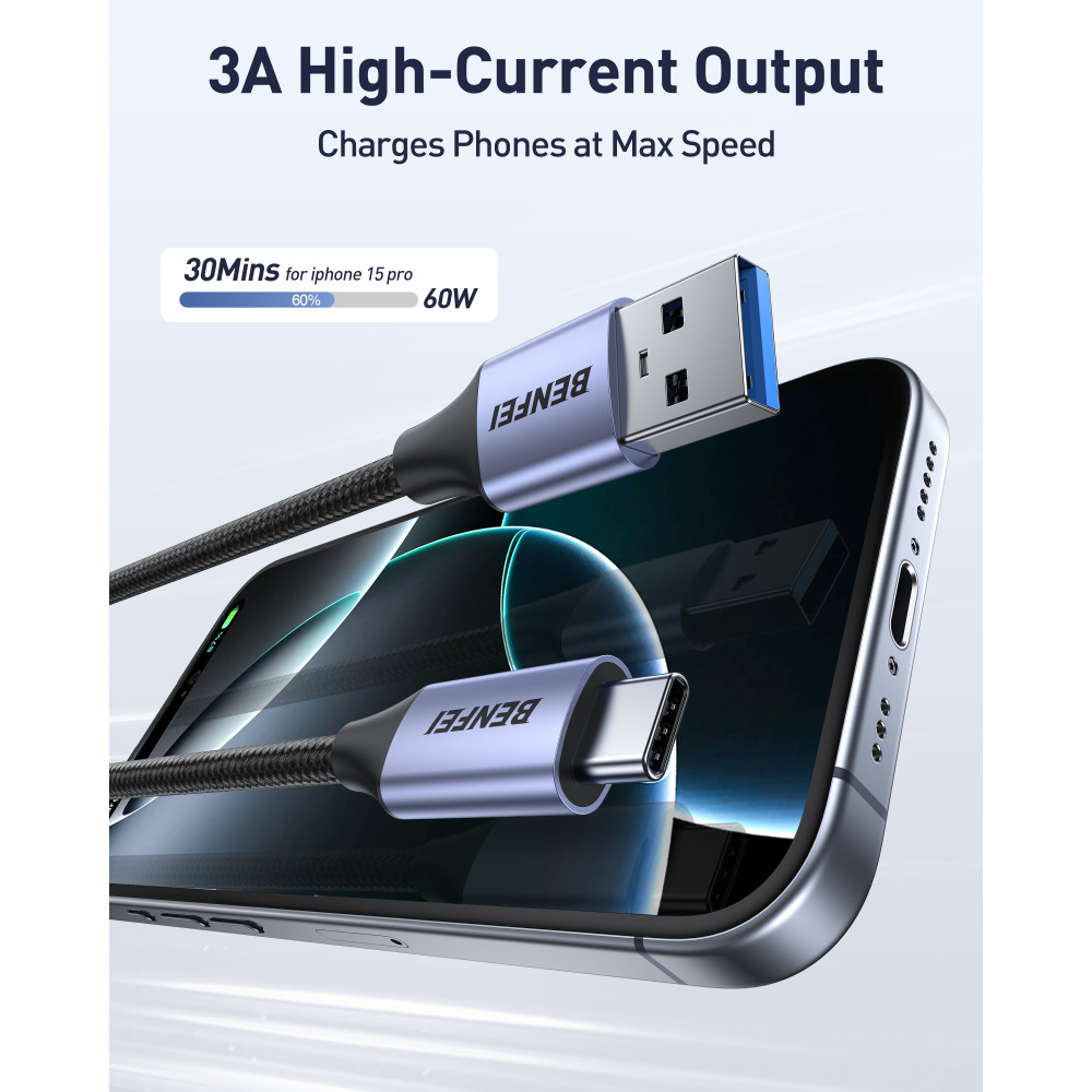 BENFEI 6971785944664 000369GY-2M USB 3.0 to USB-C 5Gbps High-Speed Data Sync & 3A Charging Nylon Braided Cable 2M - Image 2
