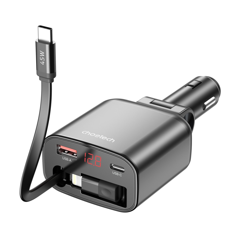 Choetech 6932112110602 TC0033 105W USB-C+USB-A Fast car charger with Stretchable USB-C + Lightning cables - Image 3