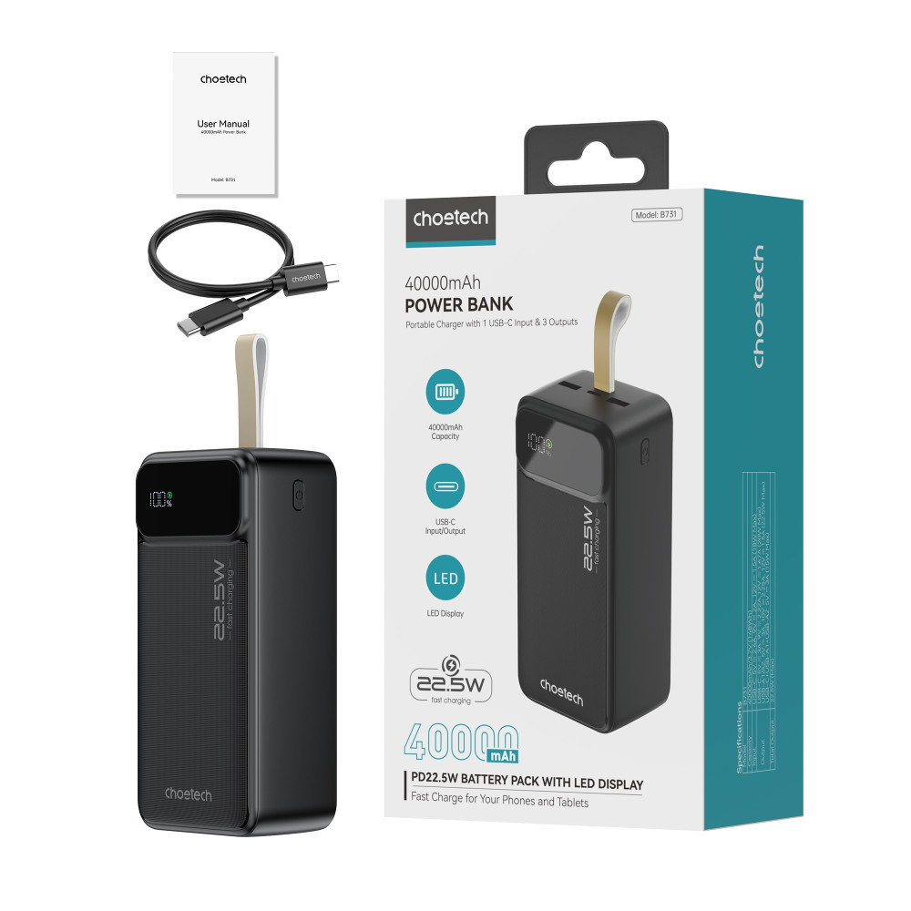 Choetech 6932112106865 B731 40000mAh Power Bank PD22.5W with Digital Display Black - Image 10