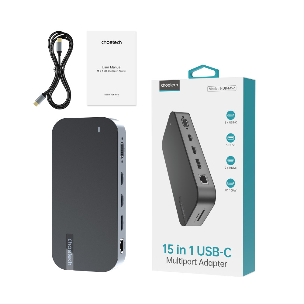 Choetech 6932112105004 HUB-M52 15 in1 HUB docking station HDMI x 2 + USB*5 + RJ45 + DP + VGA + PD3.0 + USB-C + AUX + SD/TF Reader - Image 6