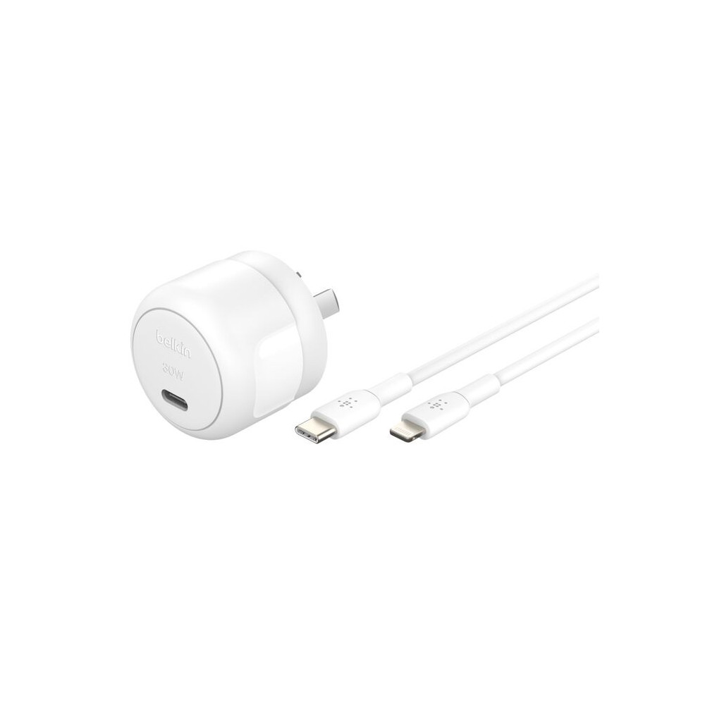 Belkin WCA008AU1MWH-B5 BoostCharge Compact 30W USB-C (PD 3.1) Wall Charger + USB-C to Lightning Cable - White ,$2500 CEW, 2 Years Warranty - Image 1