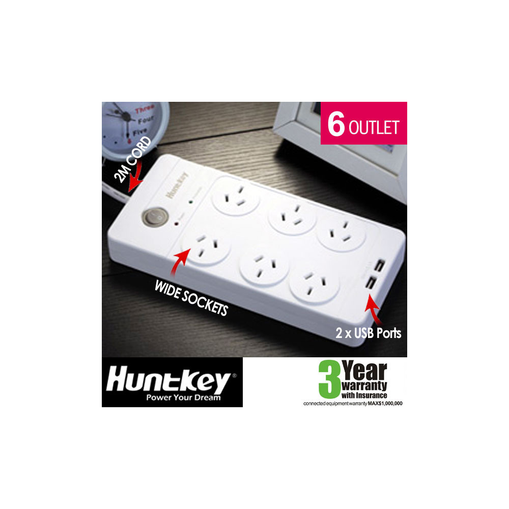 Huntkey PSUHUNSAC604PBW Power Board (SAC604) with 6 sockets and 2 USB ports ---RRP$79.95