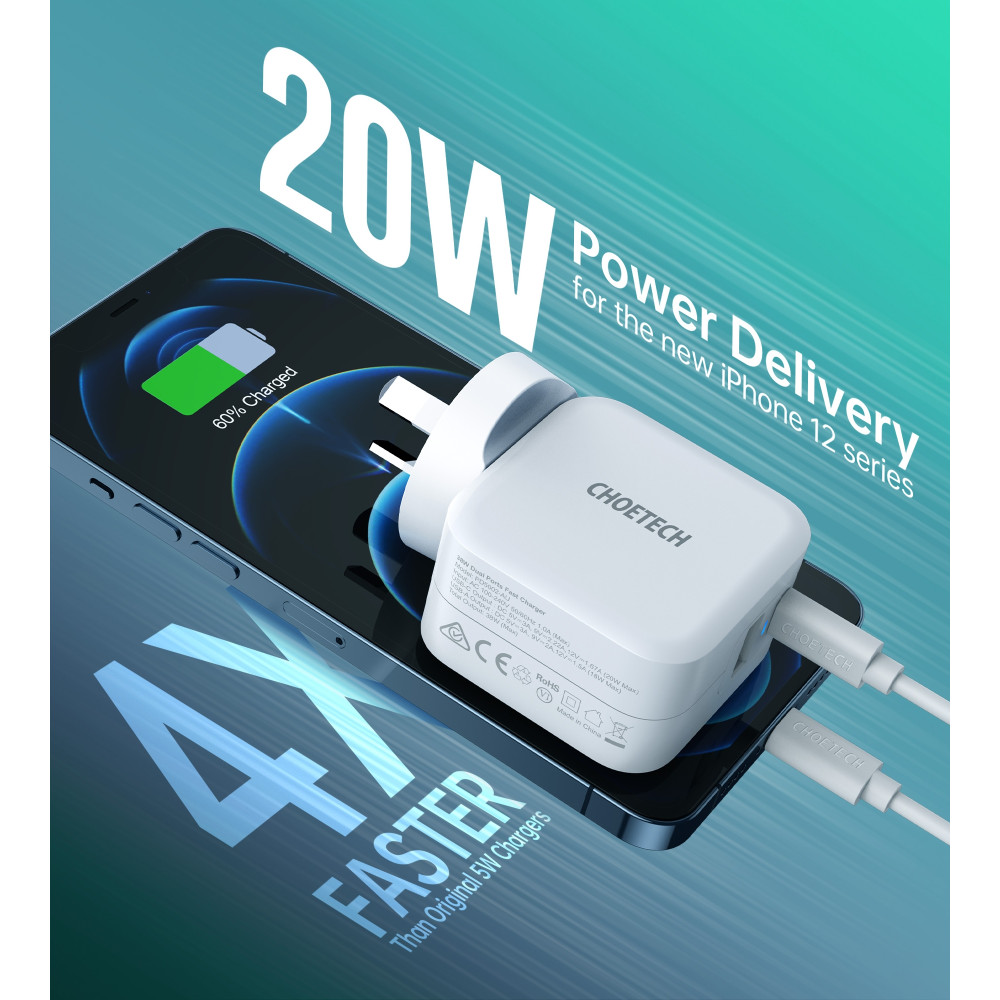 Choetech 6971824978797 PD5002 38W Fast Charging Dual Ports AC Adapter - USB QC3.0 18W + PD 20W White - Image 4