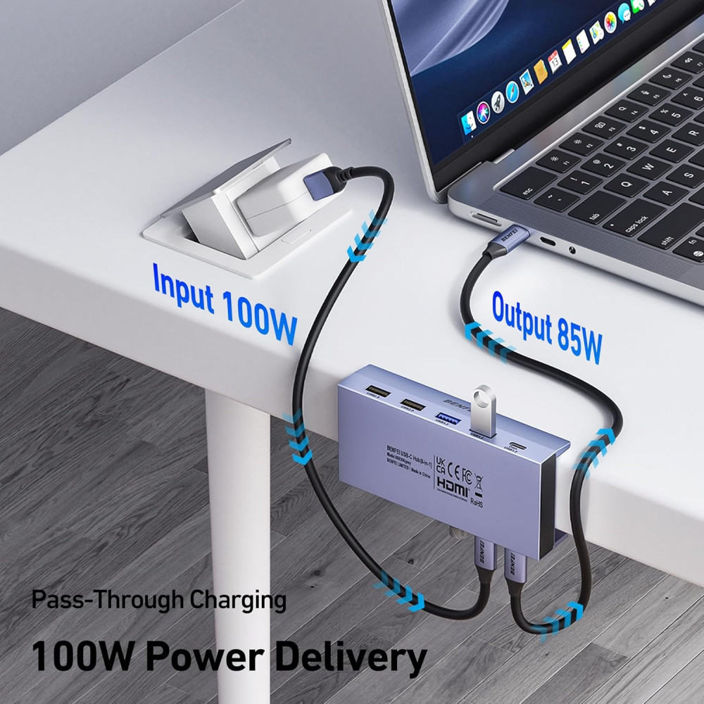 BENFEI 6971785944787 000396GY USB-C 8 in 1 Hub with Secure Clamp - 4K/60Hz HDMI + USB-C(10G)+ 2 * USB2.0 + 2 * USB3.0 + RJ45 +PD100W - Image 7