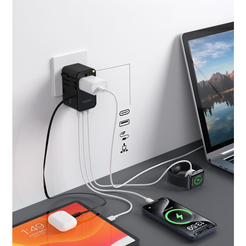 Choetech 6932112106896 PD5022 70W EU/US/AUS/UK Travel Adapter with Built-in USB-C Cable - Black - Image 3
