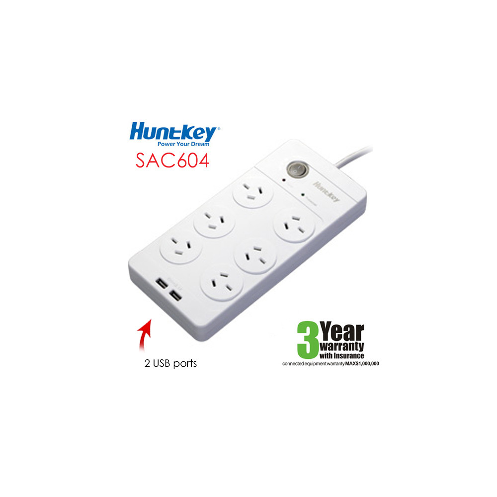 Huntkey PSUHUNSAC604PBW Power Board (SAC604) with 6 sockets and 2 USB ports ---RRP$79.95