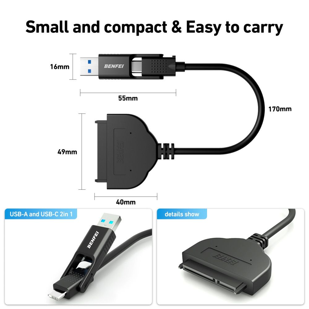 BENFEI B07F7WDZGT 000193BK 2in1 USB-C + USB 3.0 to SATA III Hard Driver Adapter w/UASP Compatible for 2.5 inch HDD and SSD - Image 4