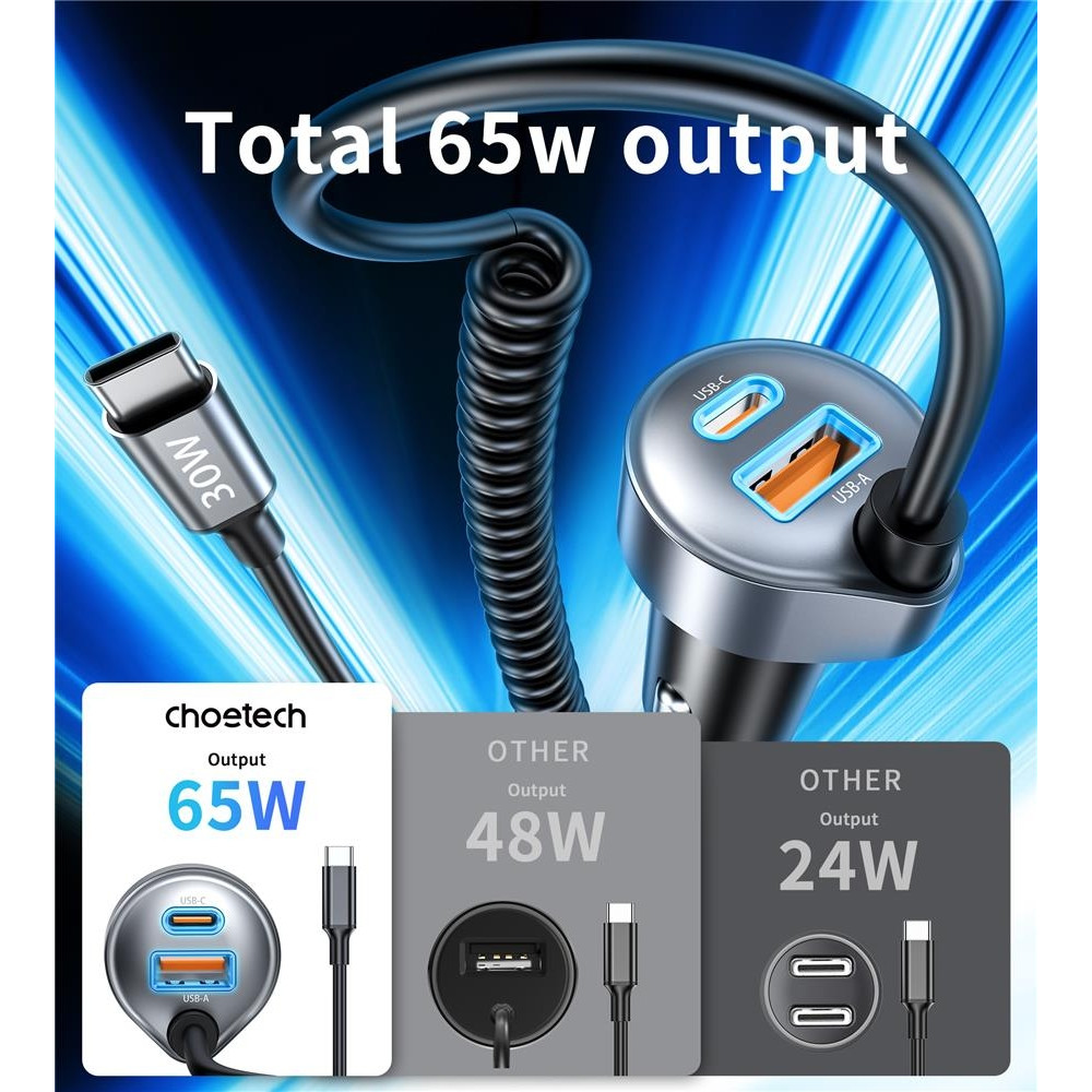 Choetech 6932112108197 TC0030 65W 3-Port Car Charger with 1M Built-in USB-C Stretch Cable - Image 4
