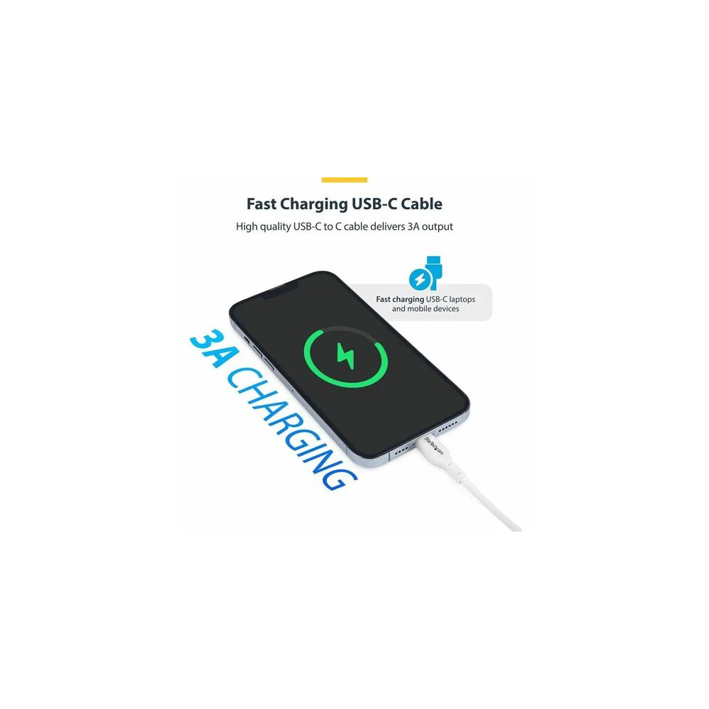 StarTech USB2CC1MNCWHE 1m (3.3ft) White USB-C Charging Cable, USB 2.0 Type-C Laptop Charger Cord, 60W Power Delivery, TPE Jacket, Data Transfer Cable - USB-C Charging Cable supports 60W/3A Power Delivery and 480Mbps; Fast Charge from a USB-C wall charger/