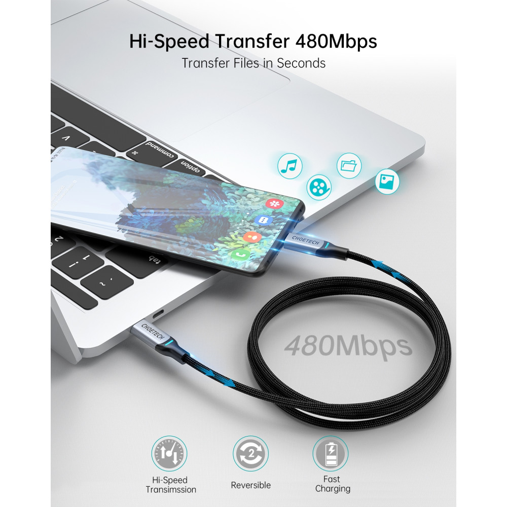 Choetech 6971824977301 MIX00073 100W USB Type C Braided Fast Charging Cable 1.8m support 5A-blake braided cable + gray aluminum case*2pcs - Image 5